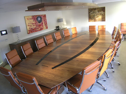 Walnut 18 seater Boardroom Table with Black Glass Detail